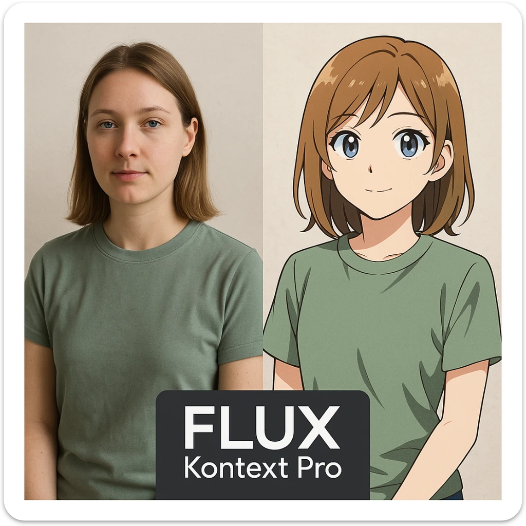 create before after image of a girl before is realsitic photo, after is anime version of her in same pose and clothes, add logo with text of a "FLUX Kontext Pro" sticker