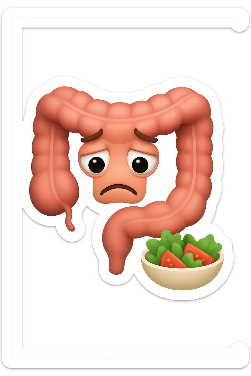 EMOJI STILE IPHONE DI UN INTESTINO UMANO ANATOMICO CHE GUARDA UN INSALATA CON ESPRESSIONE TRISTE E RASSEGNATA IN VOLTO: SOFFRE LA FAME PERCHé è A DIETA, FAGLI ANCHE LA PARTE BIANCA DEGLI OCCHI, NON SOLO LE PUPILLE sticker