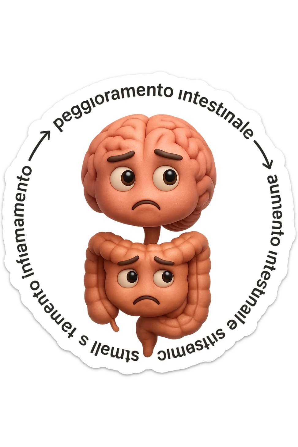 EMOJI STILE IPHONE 3D DI un cerchio con queste scritte che girano intorno "stress → peggioramento intestinale → aumento infiammazione → peggioramento sintomi intestinali e sistemici." al centro del cerchio metti un cervello e intestino umani collegati verticalmente con espressione dubbiosa in volto, FALLO MOLTO REALISTICO IN 3D sticker