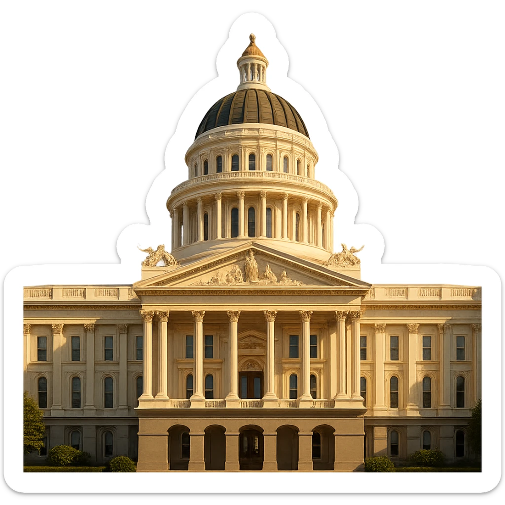 cinematic, realistic emoji of the California State Capitol in Sacramento, direct front view of the facade, highly detailed, accurate white color, sunny lighting, transparent background, ensure it is the California State Capitol, not the US Capitol sticker