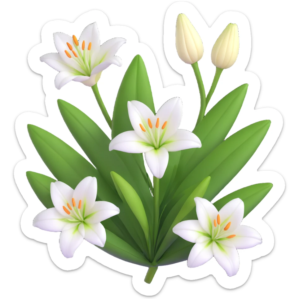 detailed white lily with six petals, a closed bud, and several green leaves sticker