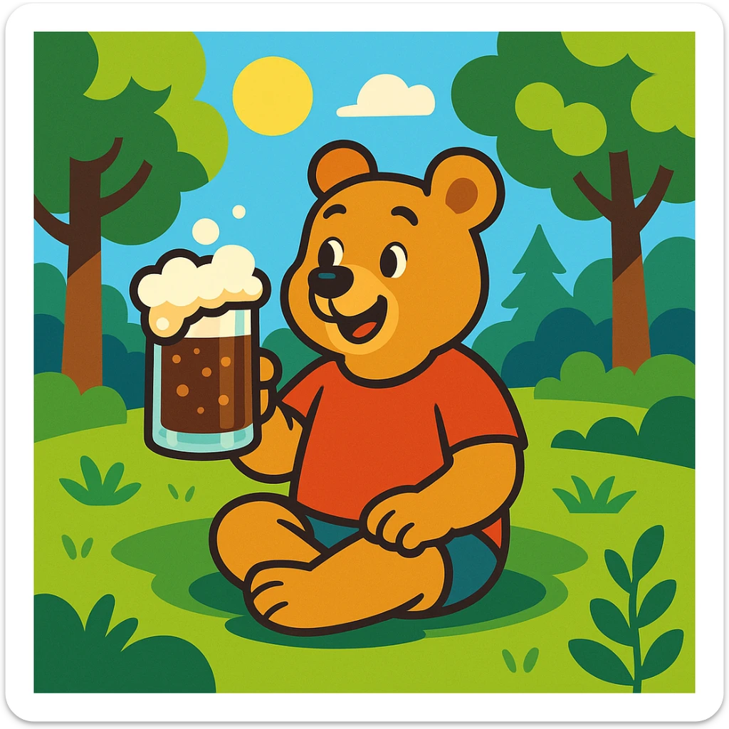 cartoon bear in a red t-shirt sitting on grass in a sunny forest clearing on a clear summer day, holding a glass mug of kvass with foam sticker