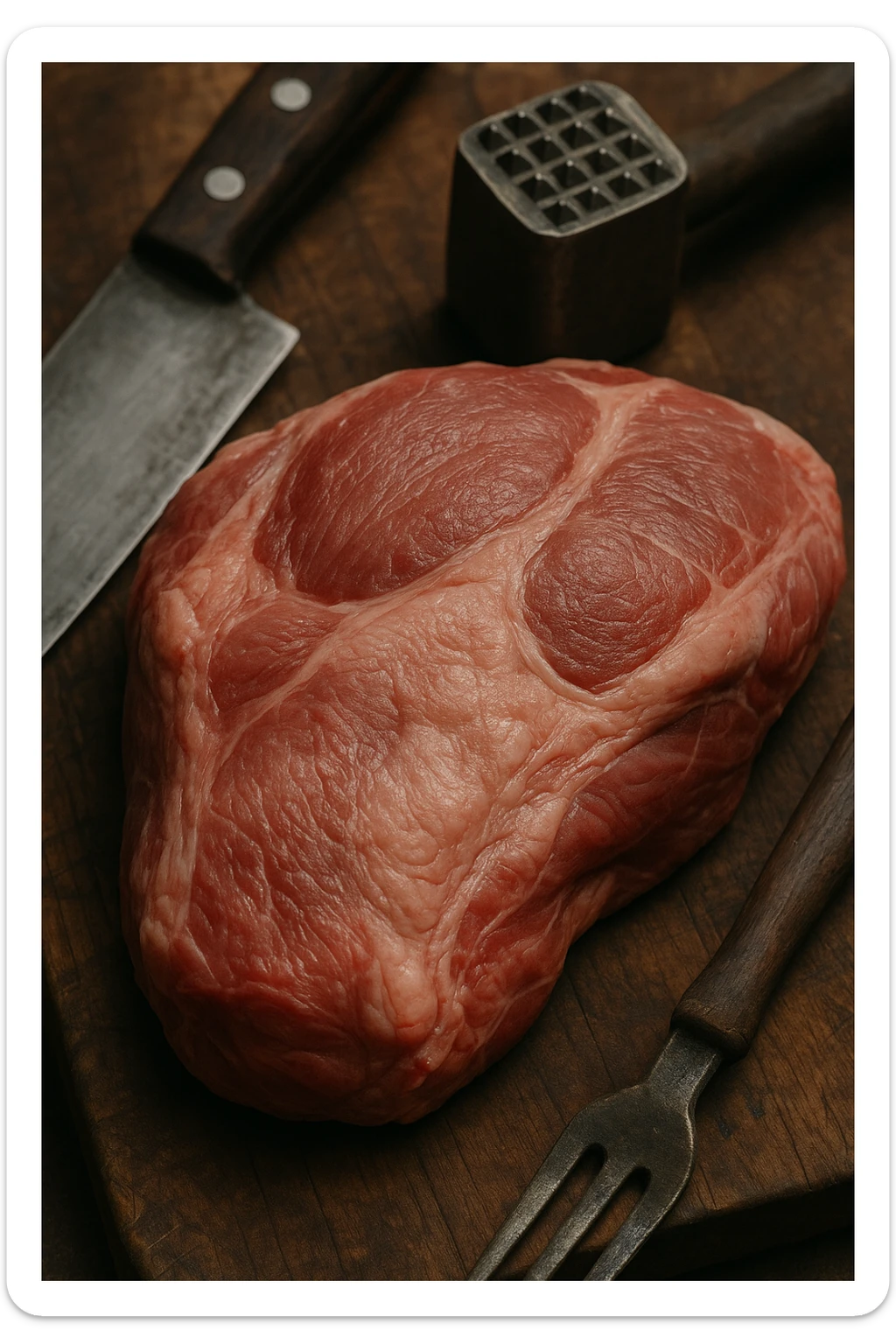 Macro fotografia di carne di maiale cruda, con dettagli che ricordano la consistenza e il colore della carne umana, posata su un tagliere di legno accanto a strumenti da cucina. Atmosfera realistica e leggermente inquietante. sticker