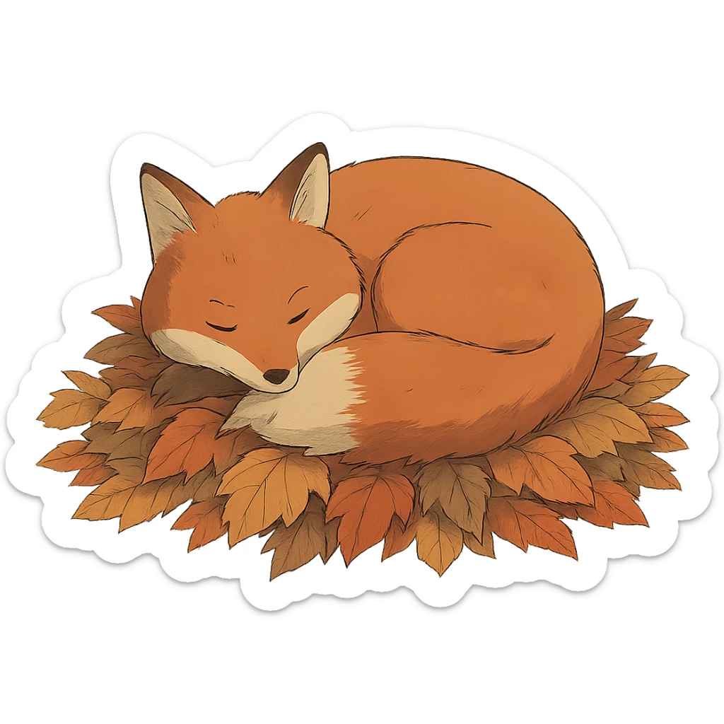 sleepy fox curled up on a pile of autumn leaves, ghibli style sticker