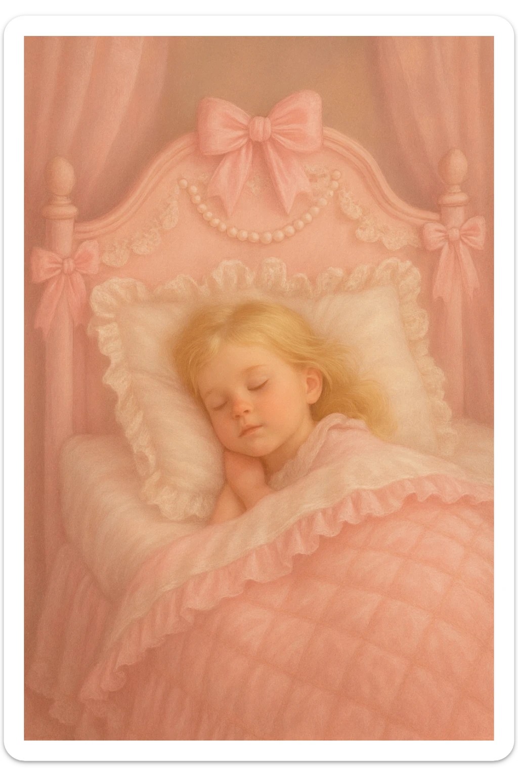 A girl with blonde hair, eyes closed, peacefully sleeping in a baby pink Coquette-style bed, soft and dreamy atmosphere, delicate feminine details, soft pastel colors, gentle lighting sticker
