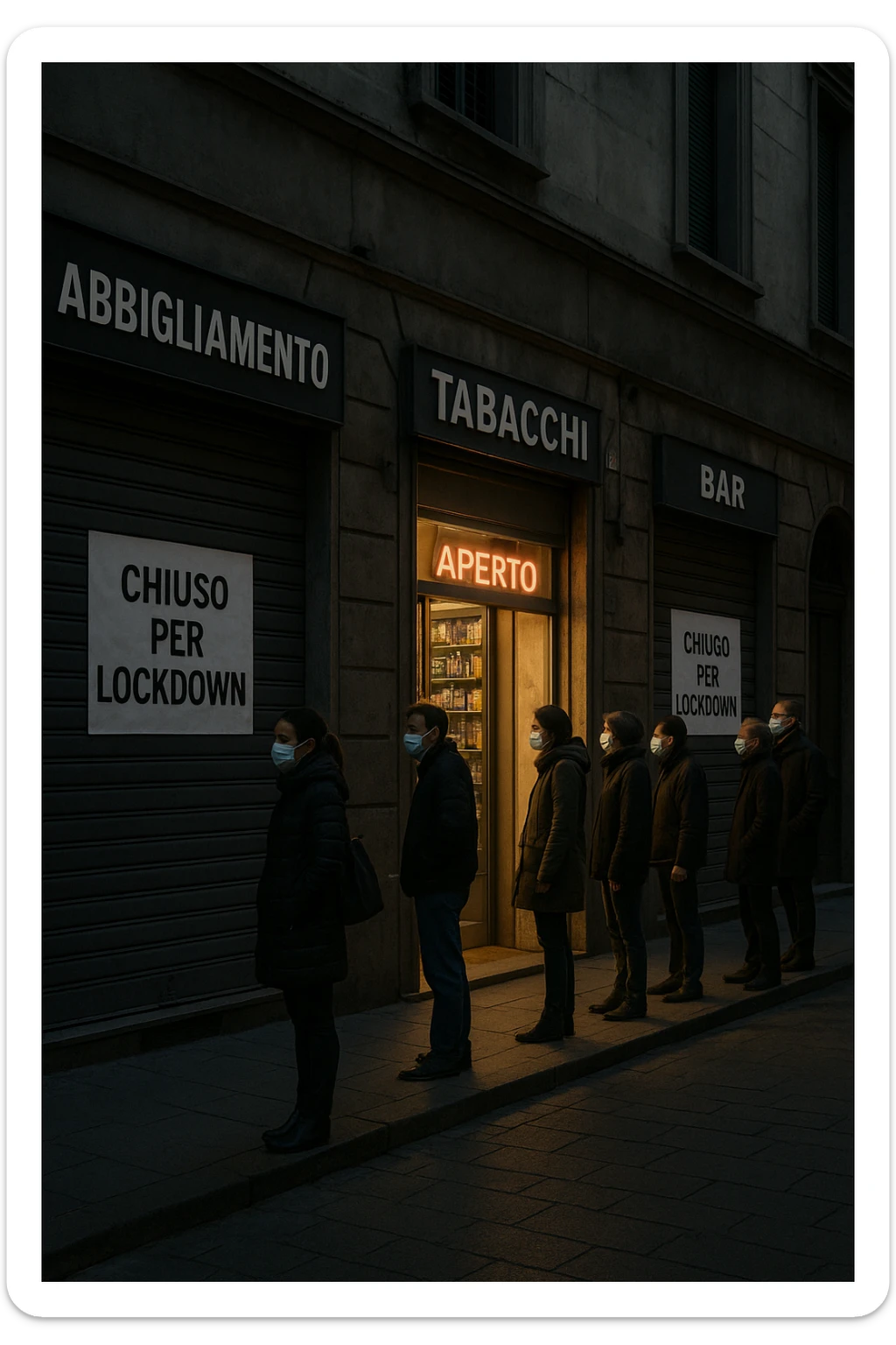 a deserted city street with all shops and businesses shuttered, their windows covered with “Chiuso per Lockdown” signs. In contrast, a brightly lit tobacco shop stands open, with a glowing “Aperto” sign and people lined up outside, all wearing masks. The mood is somber and critical, highlighting the paradox. sticker
