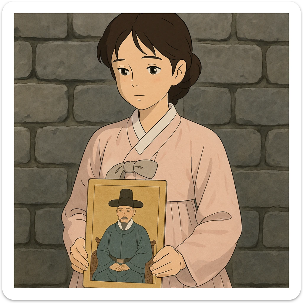 a young woman in a pale pink, sheer hanbok holding a traditional Korean portrait in front of a grey stone wall, ghibli style sticker