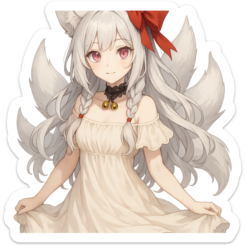 Charming fox spirit girl, pink irises, pale skin, silver white hair parted in two braids with loose hair, big red ribbon bow, flowy dress, lace choker with bells. sticker