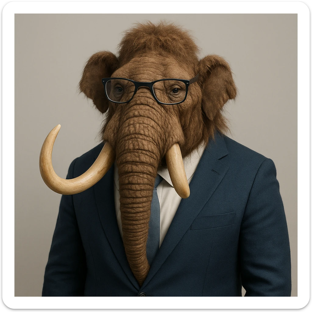 mamut con saco azul y gafas, estilo corporativo, fondo neutro sticker