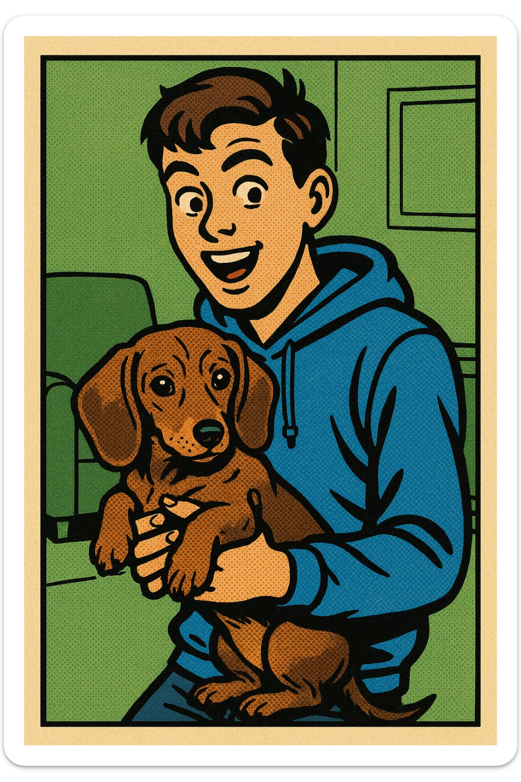 A modern day teenager wearing a blue hoodie with a puppy dachshund in a green living room sticker