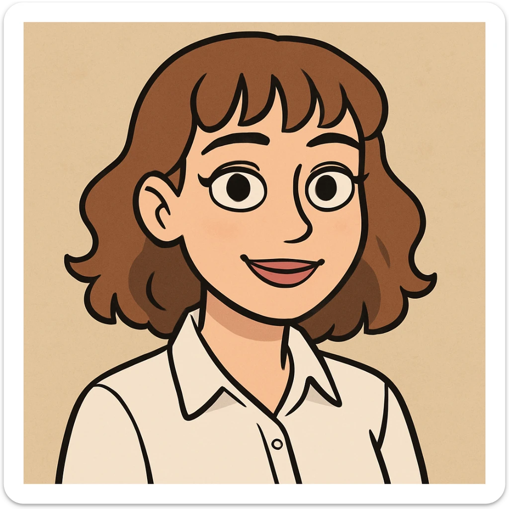 cartoonish AI avatar of a 22-year-old woman, brown eyes, light brown shoulder-length hair that is slightly curly with bangs, light makeup, wearing a white dress shirt sticker