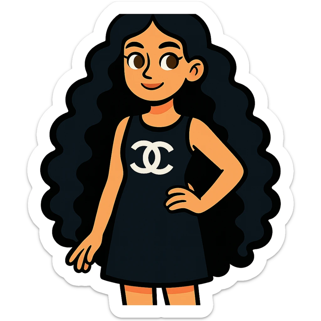 light skin girl with black very long curly hair, brown eyes, black Chanel dress, vibrant toon style sticker