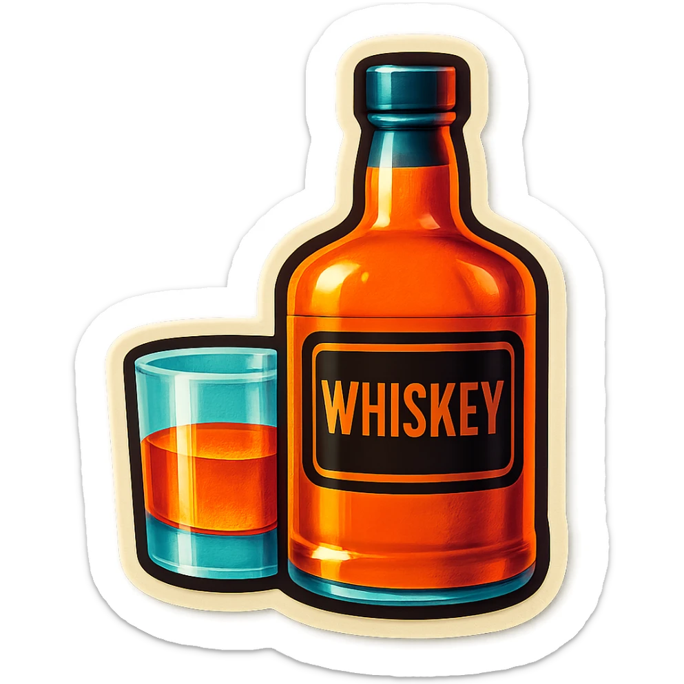 A sticker of a bottle of whiskey and a glass behind it sticker