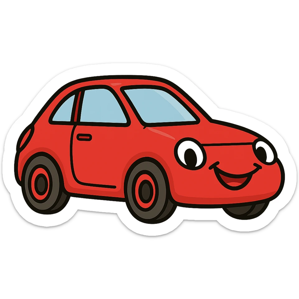 Make the Fiat 500 car red, add a smiling face to the car, keep the background transparent. sticker