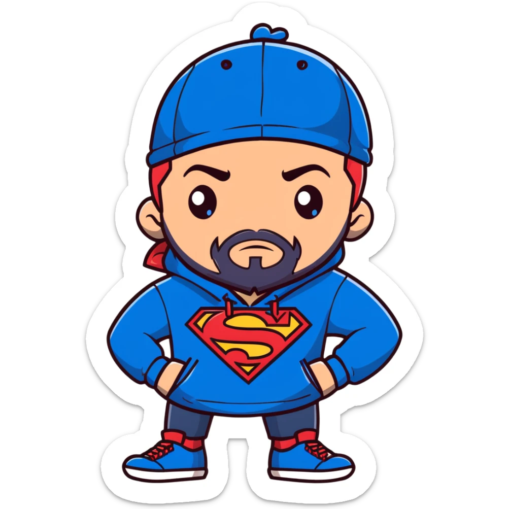 Full body Adult male with blue eyes and redish messy hair and trimmed facial hair wearing a blue superman hoodie and a black backwards baseball hat sticker