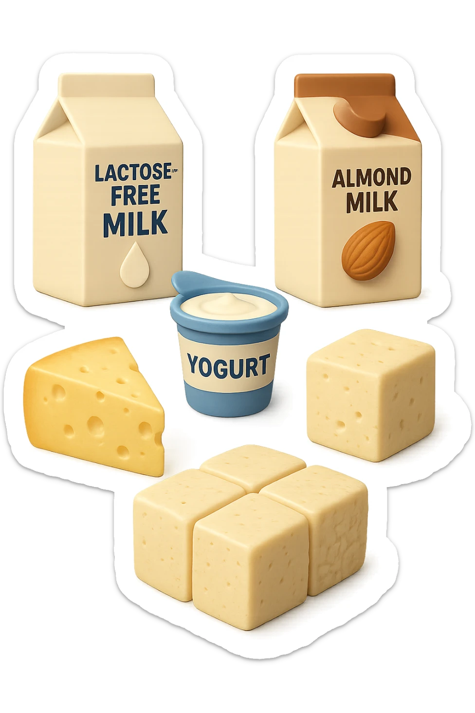 emoji stile iphone 3d di Latte e yogurt delattosati
Latte di mandorla (non zuccherato)
Latte di soia da proteine isolate
Formaggi stagionati (es. parmigiano)
Tofu compatto e tempeh
 che fluttuano in aria, iperealistico 4k sticker