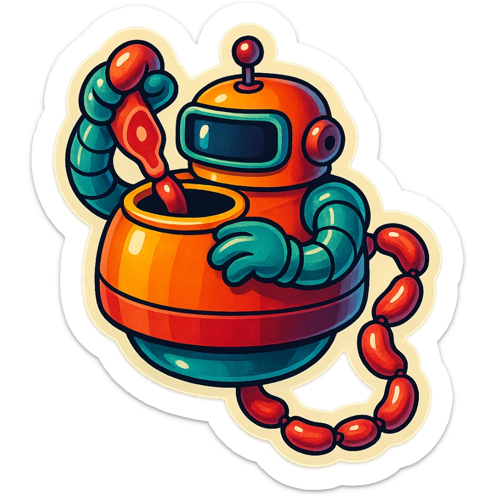 a robot that uses arms to put meat in large hole on top. sausage links come out robots rear. no legs on robot. robot hovers. robot feeds itself meat sticker