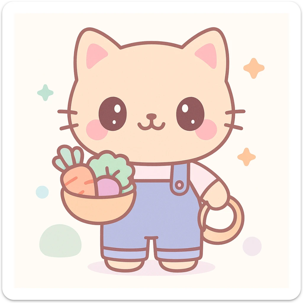 kawaii style cute farm cat wearing overalls and holding a basket of vegetables, pastel background sticker