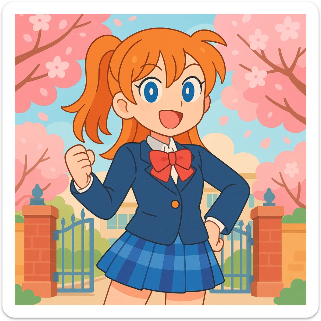 cheerful anime schoolgirl with orange hair, blue eyes, school uniform, spring cherry blossoms, confident pose, lively school gate background, Love Live! style sticker