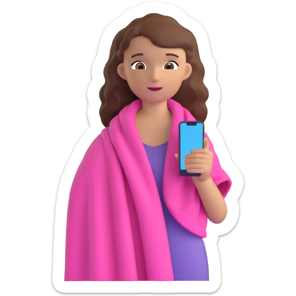 white girl with wavy hair holding her phone and a pink beach towel sticker
