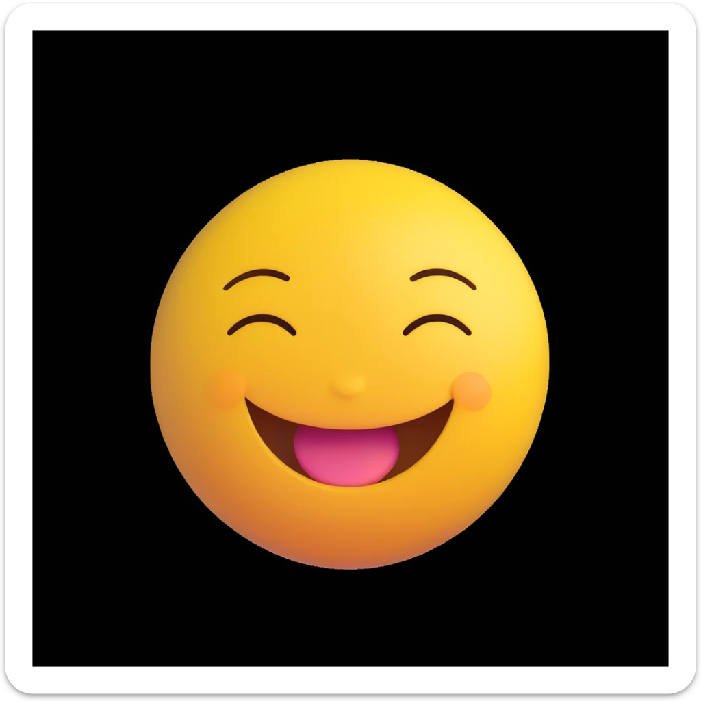 3D rendered emoji of a classic yellow smiley face, showing laughter and joy, high quality photorealistic, smooth shading, intricate details, bright colors, clean background sticker