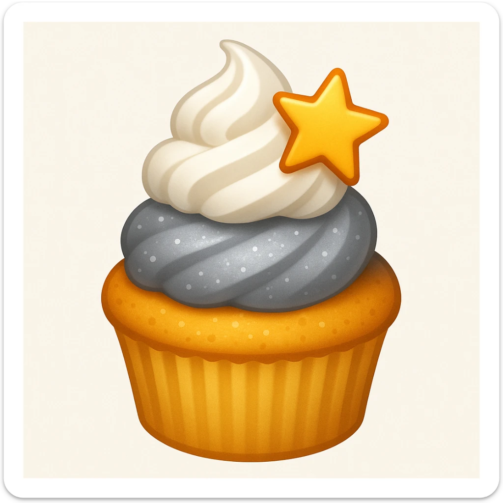 Add a swirl of whipped cream and a star-shaped sprinkle to the cupcake with silver frosting and a star-shaped candy in emoji style. sticker