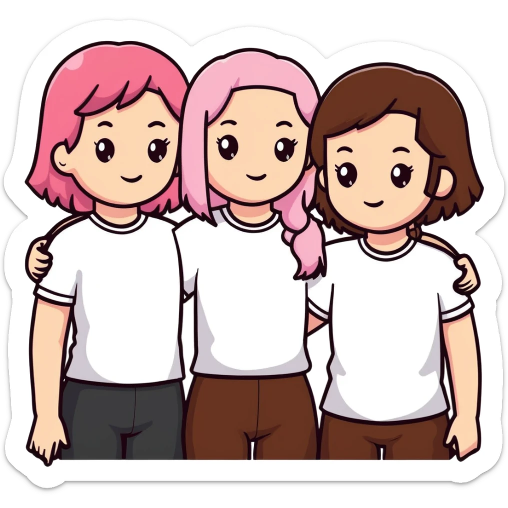 a black girl with dark brown hair next to a white girl with pink hair and a white girl with brown hair sticker