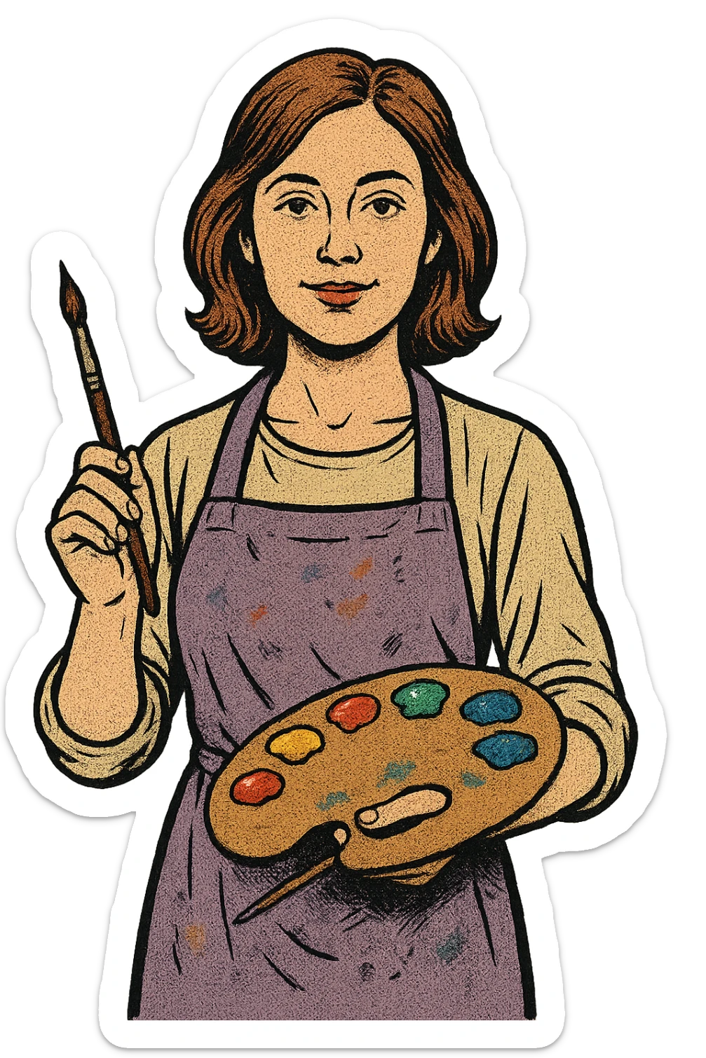 Serene female oil painter, Caucasian features, shoulder-length auburn hair, soft brown eyes, gentle smile, wearing a violet painter’s apron lightly stained with paint over a beige blouse, holding a wooden palette with vibrant colors in one hand and a brush in the other, waist-up, front-facing sticker