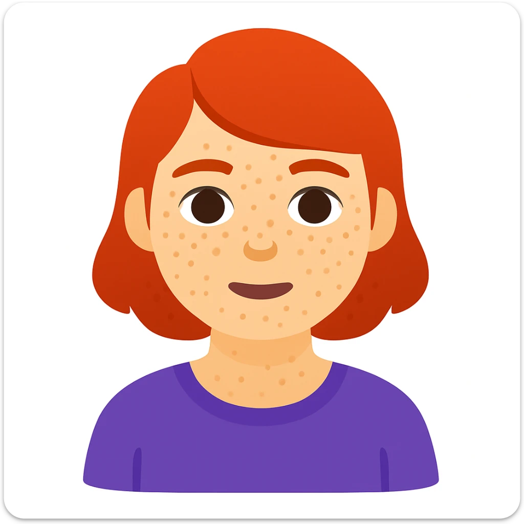 Add freckles to the girl's face, keep short red hair and flat chest, in a general emoji style illustration. sticker