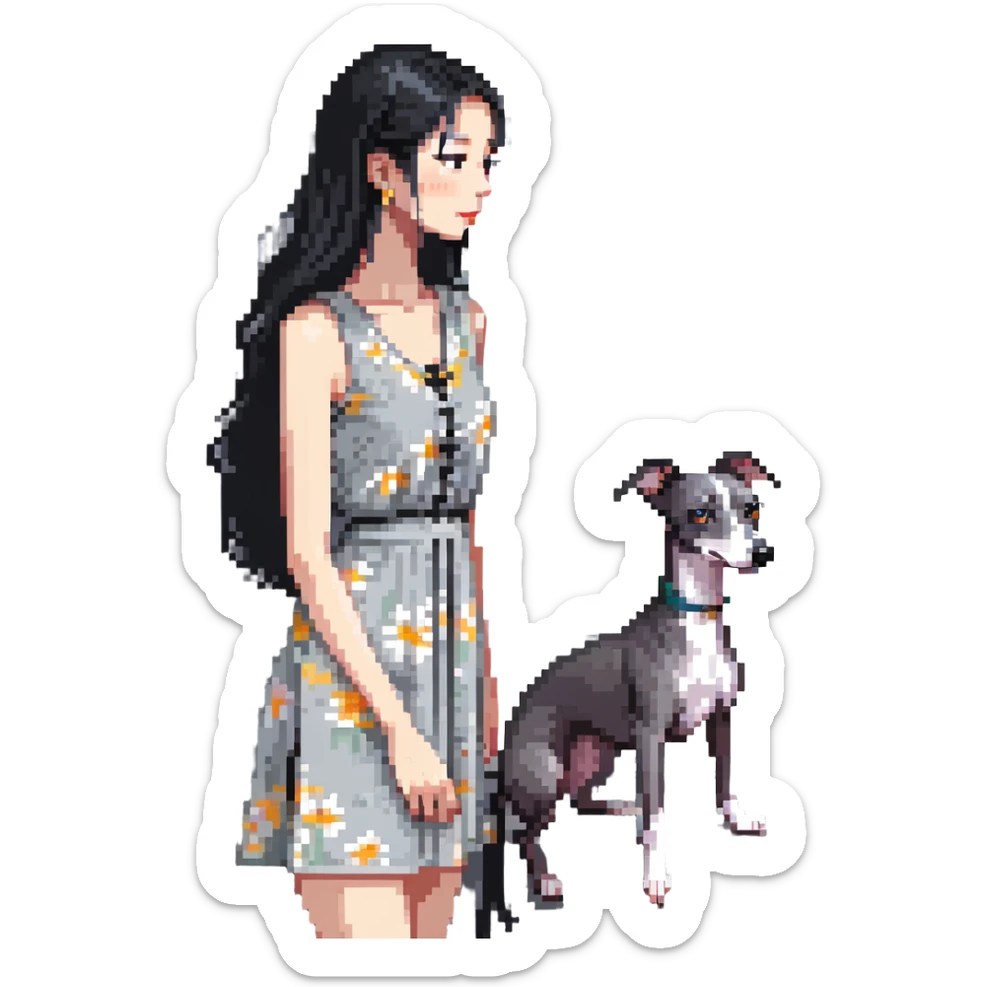 Slim Chinese woman with long black hair in a cute summer outfit with her completely solid grey Italian greyhound looking out a window on a sunny day, the dog has absolutely no white markings anywhere sticker