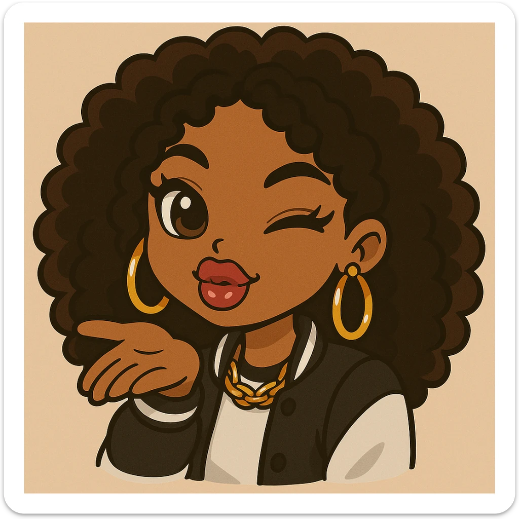 Edit the image to depict a 20-year-old anime Bratz style woman with dark skin, curly hair, big expressive eyes, glossy lips, and a happy expression. She is winking and blowing a kiss. The image should be a headshot only, with trendy streetwear, no hat, and no tears. Maintain the anime Bratz style with vibrant and cute chibi sticker aesthetics. sticker