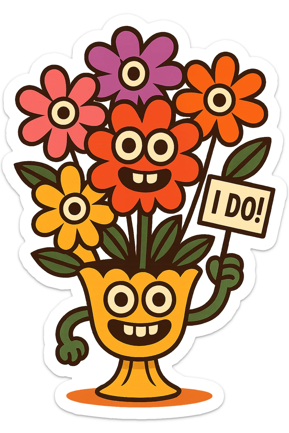 bouquet of flowers with googly eyes and a big grin, holding a tiny sign that says 'I do!', cute and funny for engagement stickers sticker