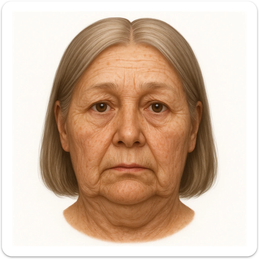 realistic woman emoji with facial sagging, detailed skin showing sagging on cheeks and double chin, white background sticker