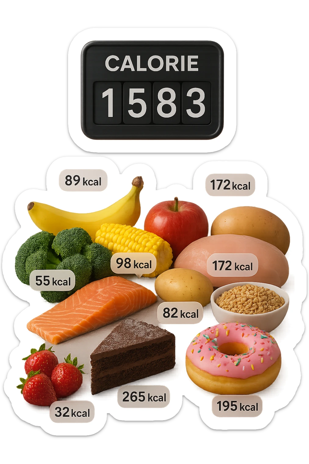 a digital calorie counter hovers above a variety of foods arranged on a table—fruits, vegetables, grains, meats, and desserts. Each food has a floating label showing its calorie content. The background is clean and modern, emphasizing the educational aspect of calorie awareness. scritto in italiano sticker