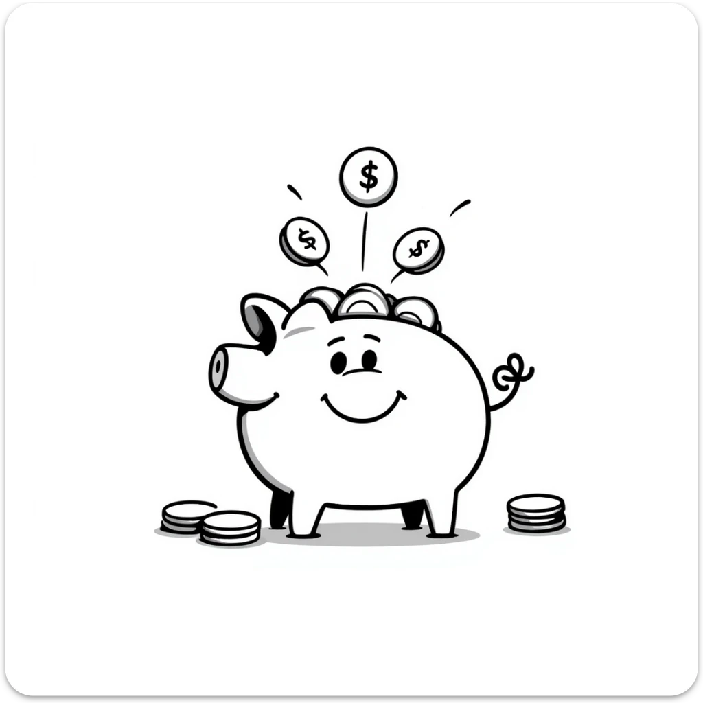cartoon piggy bank bursting with coins, goofy and playful sticker