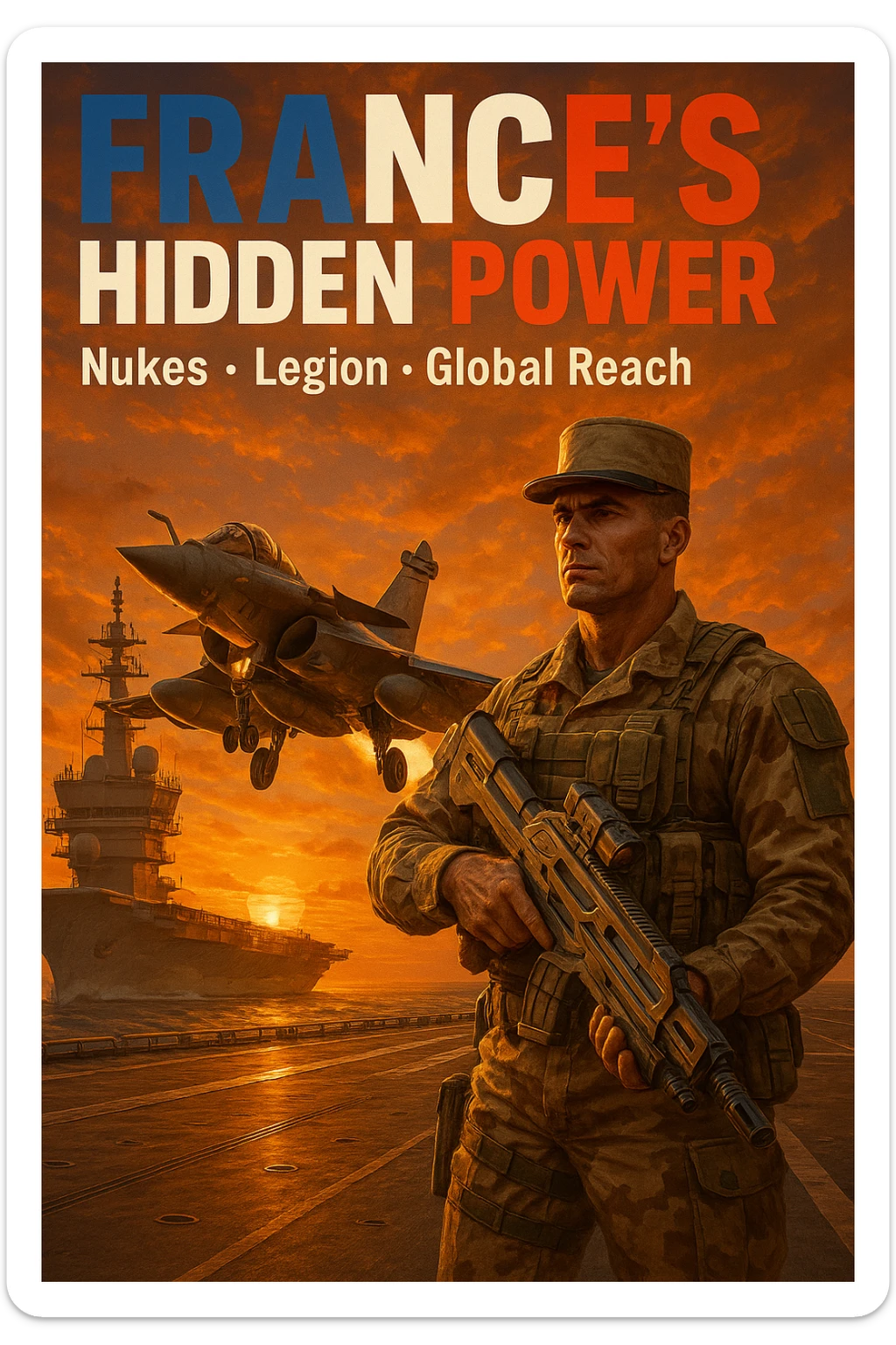 Epic sunset scene of a Rafale fighter jet taking off from a carrier with an orange sky. Foreground features a French Foreign Legionnaire in desert camouflage with a sci-fi rifle. Bold French flag-colored headline: 'FRANCE’S HIDDEN POWER'. Subtext: 'Nukes • Legion • Global Reach'. 8K, dramatic lighting. sticker