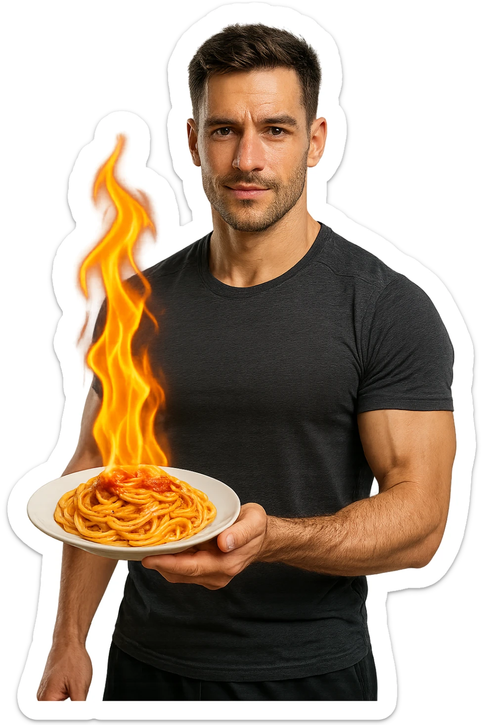 uomo fitness che tiene in mano un piatto di pasta con una fiamma sopra come se stesse simbolicamente bruciando le kcal della pasta, iperrealistico 4k sticker