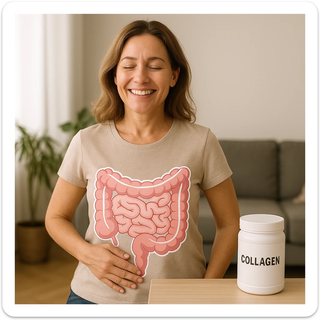 realistic image of a happy woman with a healthy intestine due to collagen use, hand on abdomen, smiling, anatomical details, everyday environment, collagen supplement on the table sticker