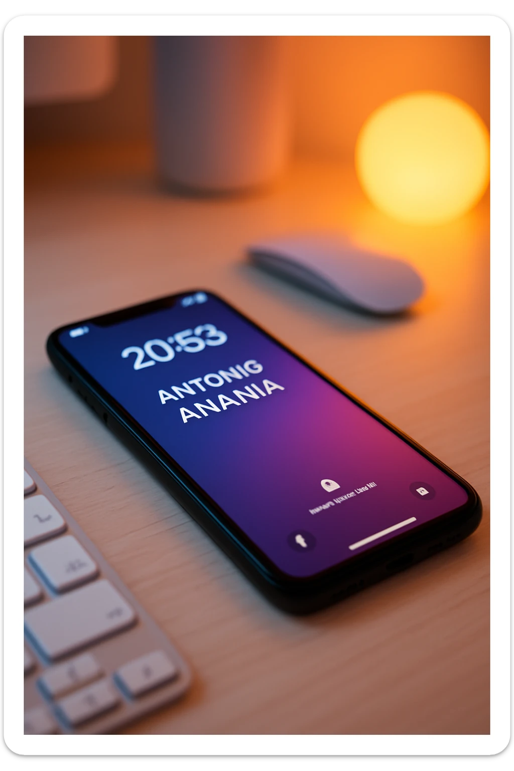 A photo of an iPhone on the desk with the message "Antonio Anania" on its screen, The phone sits atop a desk with a blurred background that suggests work environment. A faint glow from above casts gentle shadows across the surface of each object, creating depth and highlighting their textures sticker
