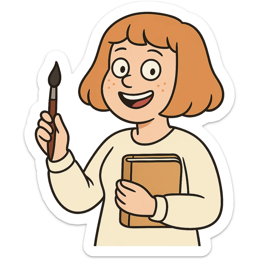 happy light-skinned woman writer, strawberry blonde page haircut, round face, freckles, smiling, holding a paintbrush and journal sticker