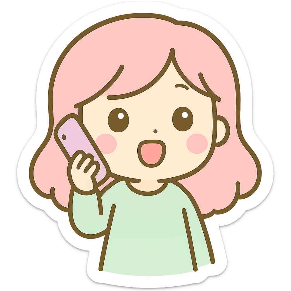 Edit the woman to look like she is talking on the phone with her mouth open as if speaking, maintaining the kawaii chibi anime style with flat pastel colors, thick outlines, and simple cute features. Use a transparent background. sticker