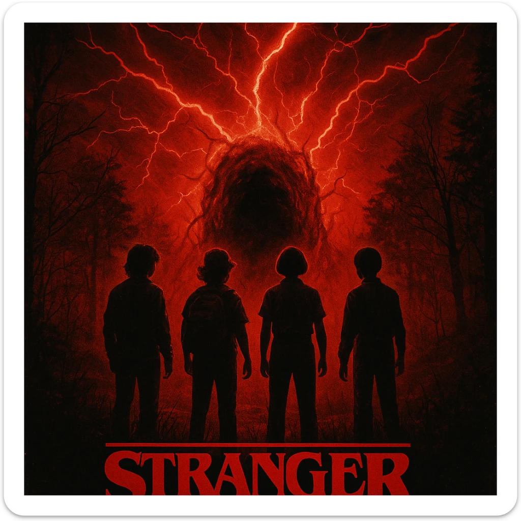 Stranger Things series horror poster style, the kids standing in front of the Upside Down portal with red lightning sticker