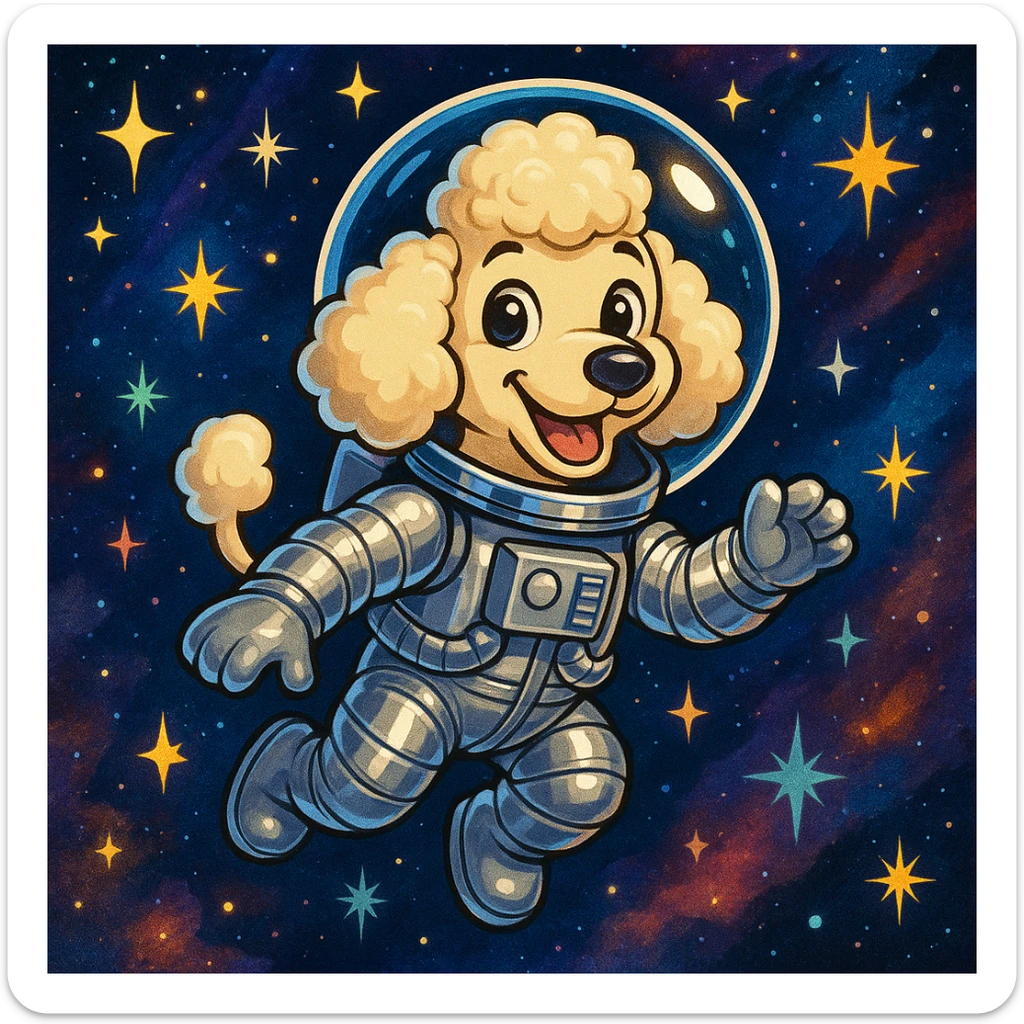 a cartoon poodle in a shiny astronaut suit, floating among stars, cosmic background, cute and friendly sticker