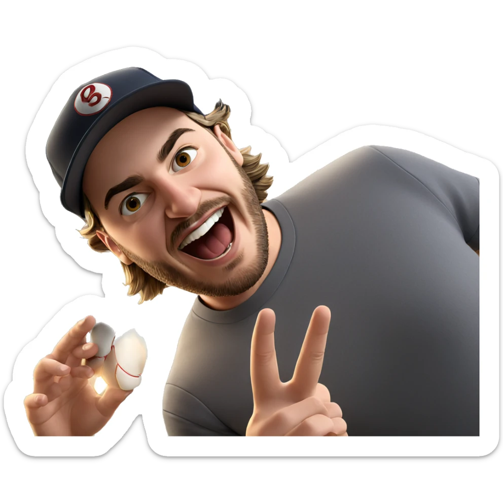 bearded boy with baseball cap sticker