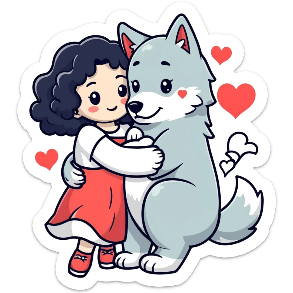 Black curly hair white skin girl hugging one big wolf with hearts above them sticker