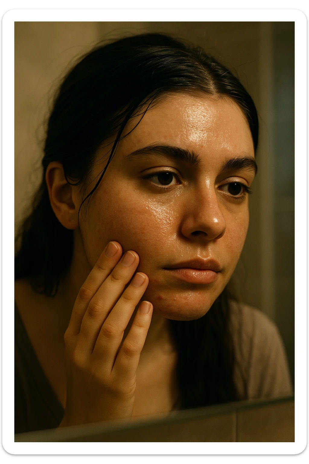 A highly realistic, cinematic close-up portrait of a young woman in her late 20s with medium skin tone, showing visible oily skin and enlarged pores on her cheeks, nose, and forehead. Her skin has a noticeable shiny appearance due to excessive sebum production, and small acne spots are visible along her jawline and chin, indicating hormonal imbalance. Her dark hair appears greasy, clumping in some areas near her scalp, emphasizing unwashed, oily hair due to overactive sebaceous glands caused by PCOS. The woman looks at herself in the mirror with a tired yet hopeful expression, gently touching her cheek with her fingertips as she observes her skin condition. The setting is a softly lit bathroom with natural daylight, and the reflection shows the detail of her skin texture and greasy hair strands. Style: 35mm hyperrealistic film, warm neutral tones with soft depth of field, focusing on the oily skin texture, visible pores, and greasy hair to clearly illustrate the visual symptoms of PCOS. in italiano sticker
