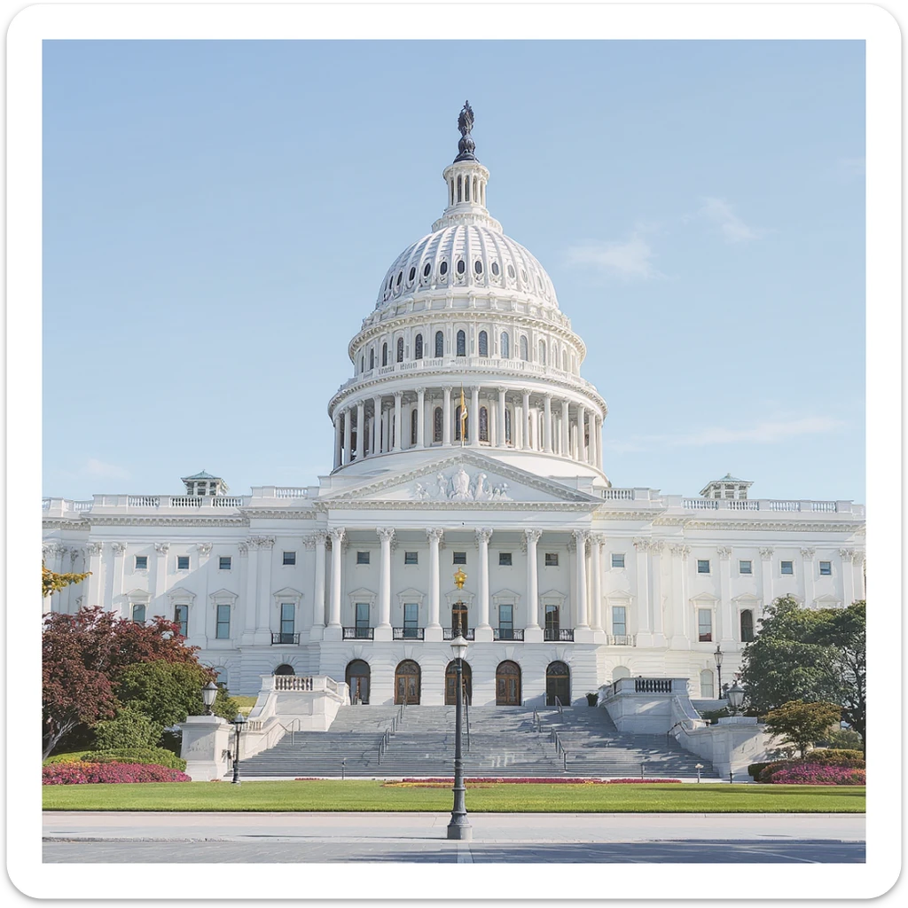 Create a realistic emoji of the California State Capitol building from a direct front view. The emoji should be highly detailed and accurately depict the white color of the building. The lighting should be sunny and natural. The background must be transparent. sticker
