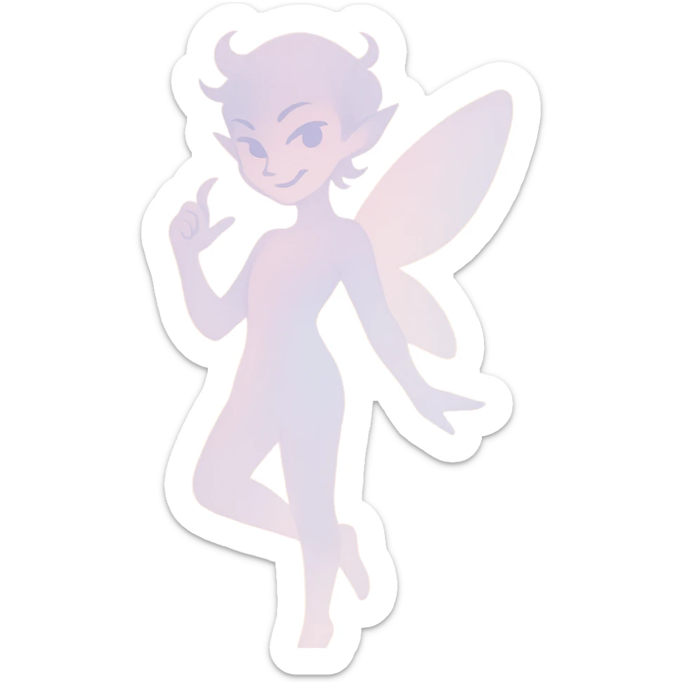 delicate figure with a soft glow, playful mischief in the eyes, and an enchanting aura, in a minimalist silhouette with pastel colors sticker