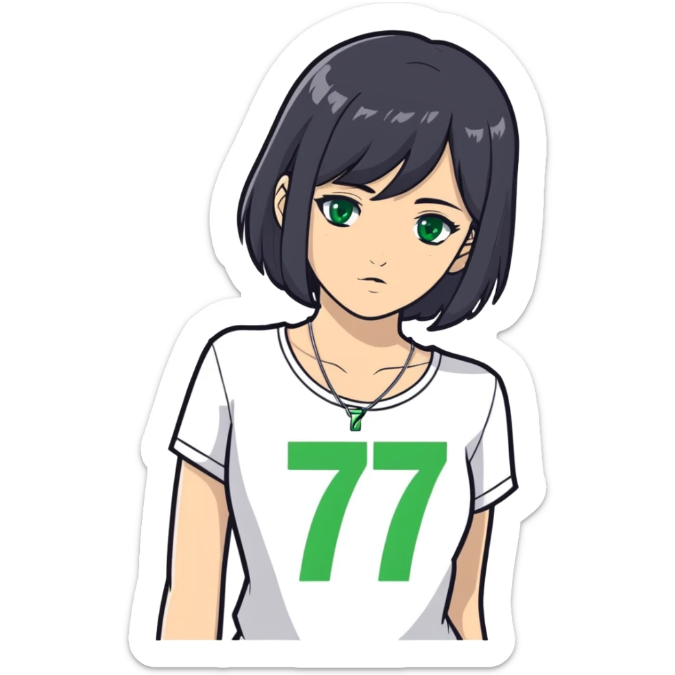 girl with black hair, grey and green eyes, with white top and silver necklace with number 777 sticker