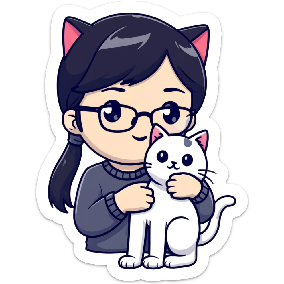 Girl with black hair wearing glasses holding a black and white cat sticker